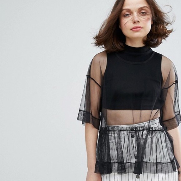 monki Tops - Black sheer mesh monki top with peplum